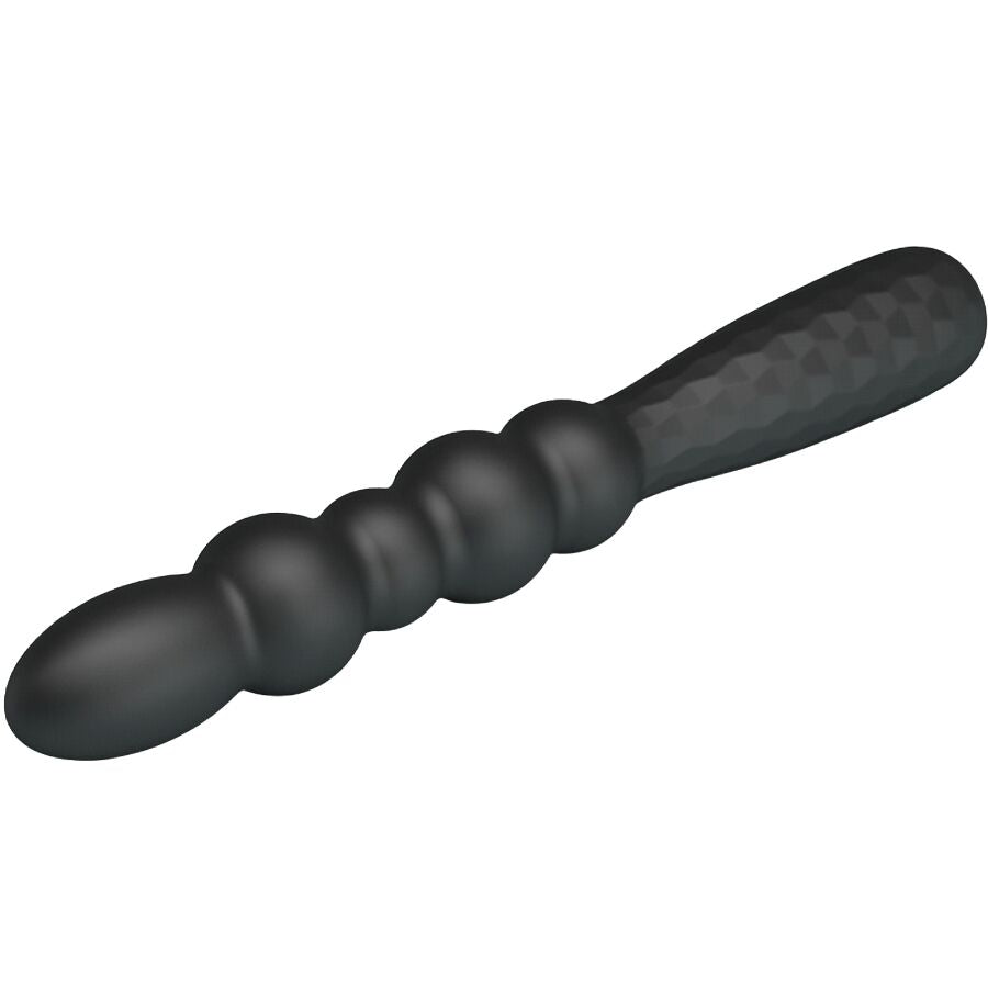 Plug anal Mr Play a tige flexible et surface ondulee presente a l'horizontale, silicone noir perlee et embout effile pour une insertion progressive et confortable