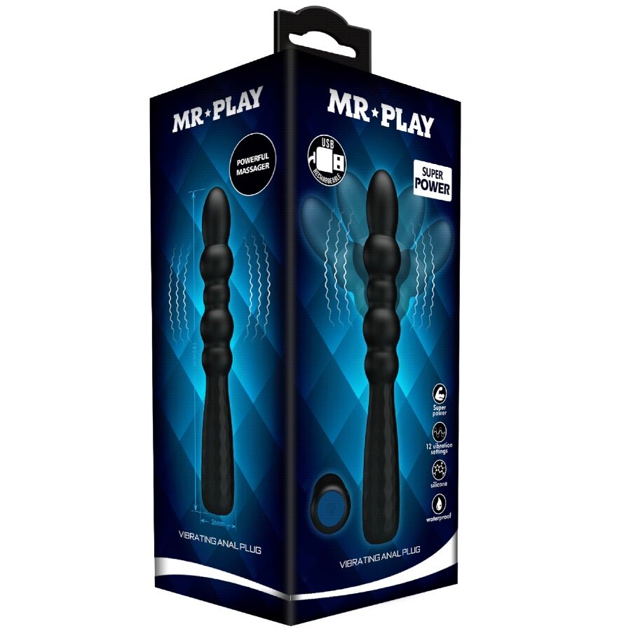 Boite Mr Play Super Power du plug anal vibrant ondule, packaging bleu illustrant la tige perlee flexible en silicone et le bouton de controle rechargeable