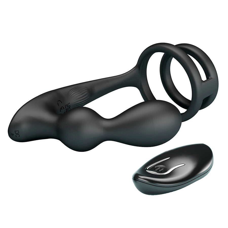 Masseur de prostate Mr Play avec double anneau penien en silicone noir et telecommande, plug courbe stimulant la prostate tandis que les anneaux maintiennent fermement