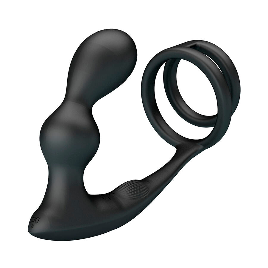 Plug anal Mr Play couple a un double anneau penien, vue de profil en silicone noir, embout courbe pour la prostate et anneaux flexibles pilotes par telecommande