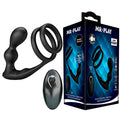 Plug anal et double anneau penien Mr Play en silicone noir presentes avec telecommande et boite bleue, ensemble vibrant pilote a distance pour la stimulation prostatique