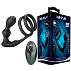 Plug anal et double anneau penien Mr Play en silicone noir presentes avec telecommande et boite bleue, ensemble vibrant pilote a distance pour la stimulation prostatique
