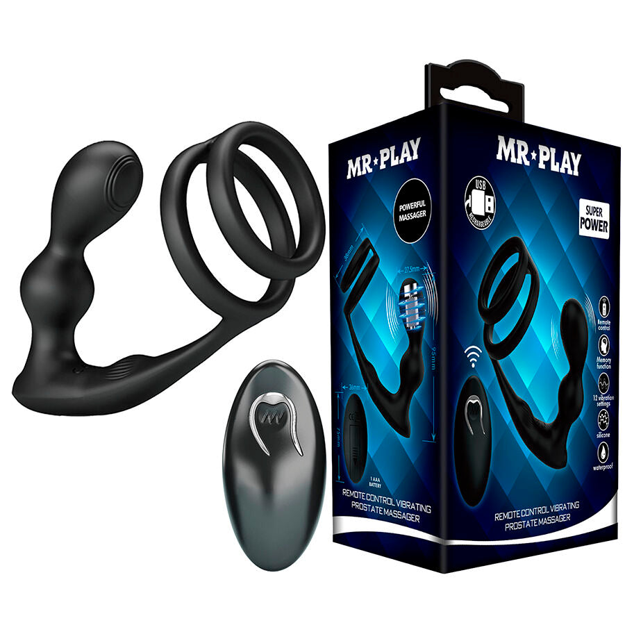 Plug anal et double anneau penien Mr Play en silicone noir presentes avec telecommande et boite bleue, ensemble vibrant pilote a distance pour la stimulation prostatique