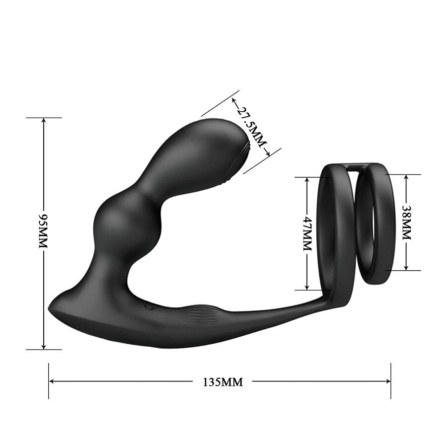 Schema dimensions du masseur prostate Mr Play et anneaux peniens, longueur 135 mm et anneaux de 38 et 47 mm, ensemble silicone pour une stimulation combinee precise