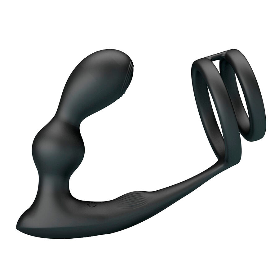 Masseur de prostate Mr Play et double anneau penien en silicone noir vus de dos, structure courbee et anneaux jumeaux conçus pour une stimulation combinee vibrante