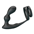 Masseur de prostate Mr Play et double anneau penien en silicone noir vus de dos, structure courbee et anneaux jumeaux conçus pour une stimulation combinee vibrante