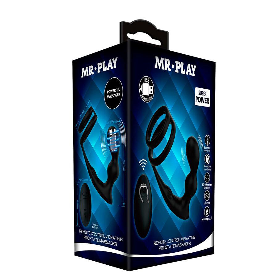 Boite Mr Play Super Power du masseur de prostate avec anneaux peniens, packaging bleu illustrant le plug courbe, les anneaux jumeaux et la telecommande sans fil