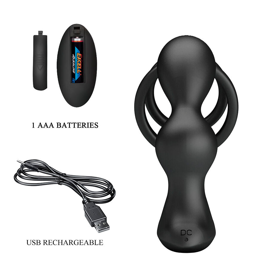 Masseur de prostate Mr Play avec anneaux peniens presente avec sa pile AAA et son cable USB, silicone noir aux anneaux jumeaux pour une stimulation prostatique vibrante