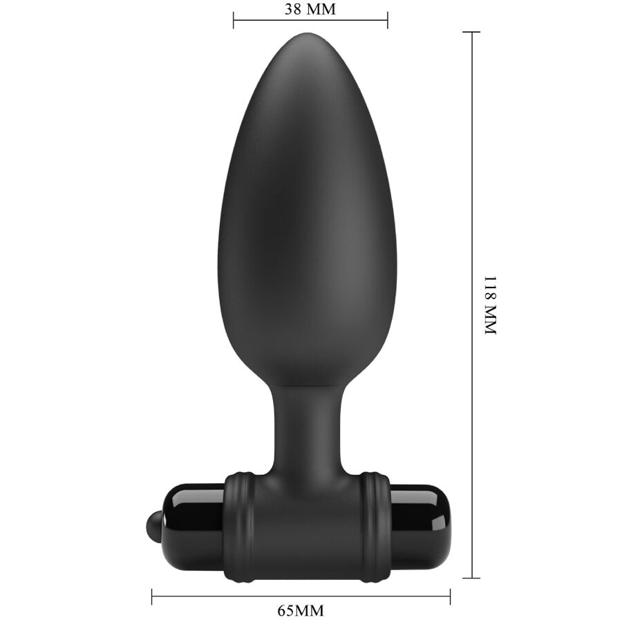 Plug anal vibrant Mr Play vu de face avec mesures 38 et 65 mm, silicone noir conique a base evasee et capsule vibrante amovible pour une insertion progressive et sure