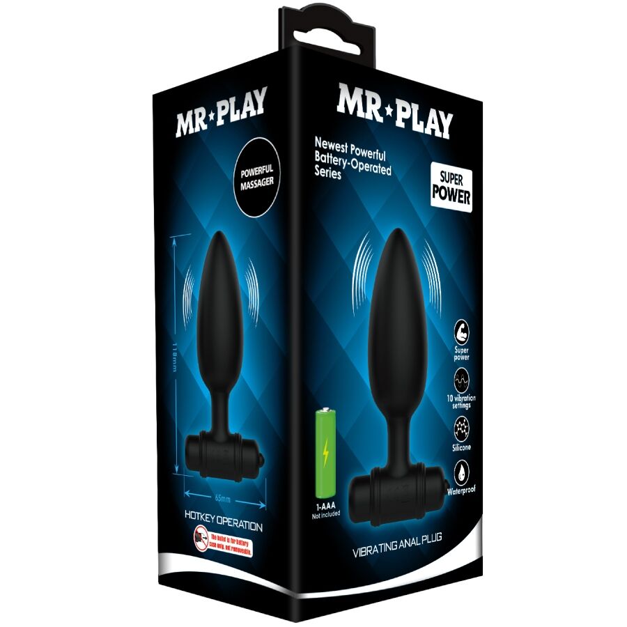 Boite Mr Play Super Power du plug anal vibrant conique, packaging bleu illustrant la forme effilee en silicone et la capsule vibrante alimentee par pile AAA