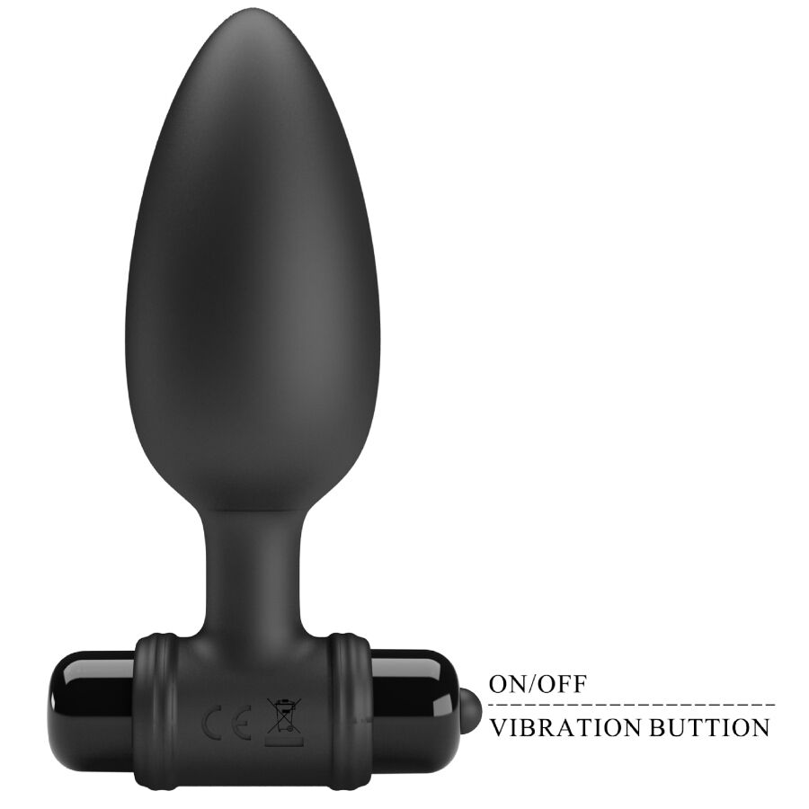 Plug anal Super Power Mr Play en silicone noir, capsule vibrante a la base avec bouton vibration on/off signale, forme conique evasee pour une stimulation anale stable