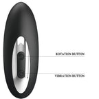 Base du masseur de prostate Mr Play en silicone noir vue de dessous, boutons rotation et vibration signales sur la commande argentee, controle des 12 vibrations et 3 modes