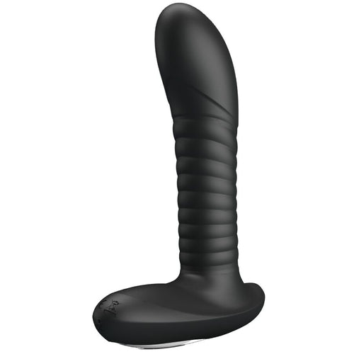 Masseur de prostate rotatif Mr Play en silicone noir, tige texturee a nervures courbee vers le point P et base ergonomique de maintien, fonctions rotation et vibration