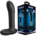 Masseur de prostate rotatif Mr Play en silicone noir nervure presente avec sa boite bleue Super Power, tige courbee et base ergonomique combinant rotation et vibration