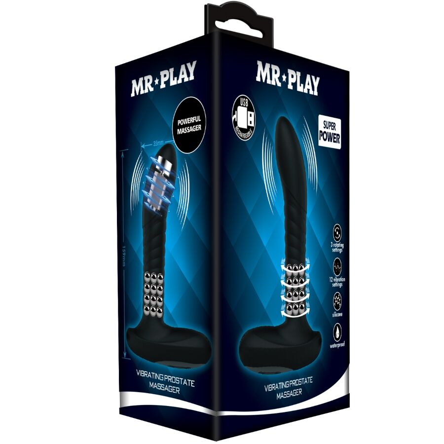 Boite Mr Play Super Power du masseur de prostate rotatif, packaging bleu illustrant la tige nervuree en silicone et les fonctions de rotation et vibration combinees
