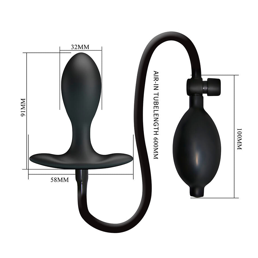 Schema dimensions du plug gonflable Mr Play, tige de 32 mm et base de 58 mm reliee a une poire par un tube de 600 mm, plug silicone a pression reglable pour la dilatation