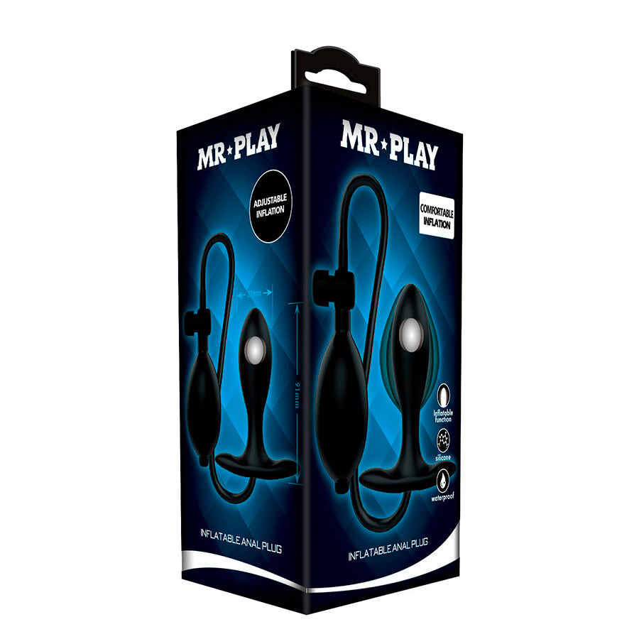 Boite Mr Play du plug anal gonflable, packaging bleu illustrant le systeme de poire et la dilatation reglable du plug en silicone pour une preparation progressive