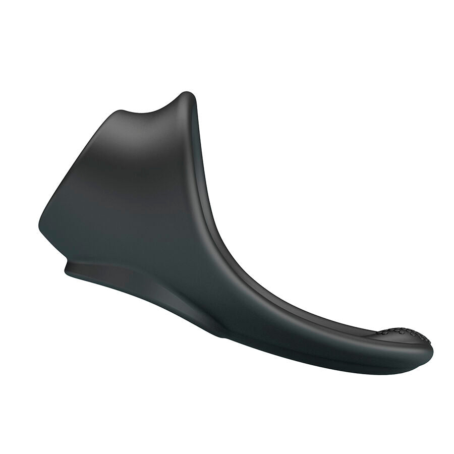 Cockring Zadok en silicone noir vu de profil, languette perineale allongee et anneau souple, fini mat lisse extensible pour un maintien confortable.
