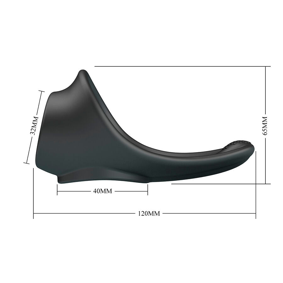 Schema cote du cockring Zadok avec dimensions : longueur 120 mm, hauteur 65 mm, base 40 mm et hauteur d'anneau 32 mm, silicone souple a stimulateur perineal.