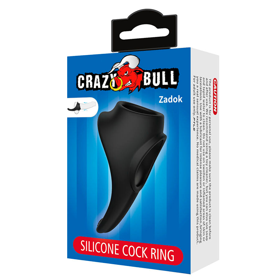 Boite Crazy Bull Zadok silicone cock ring presentant l'anneau penien noir a gaine perineale, packaging bleu sans visuel anatomique ni scene suggestive.