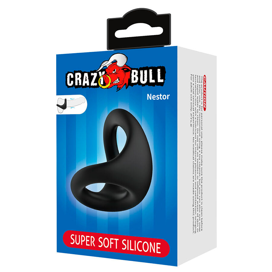 Boite Crazy Bull Nestor super soft silicone montrant l'anneau penien noir a double boucle, packaging bleu sobre sans anatomie realiste ni scene sexuelle.