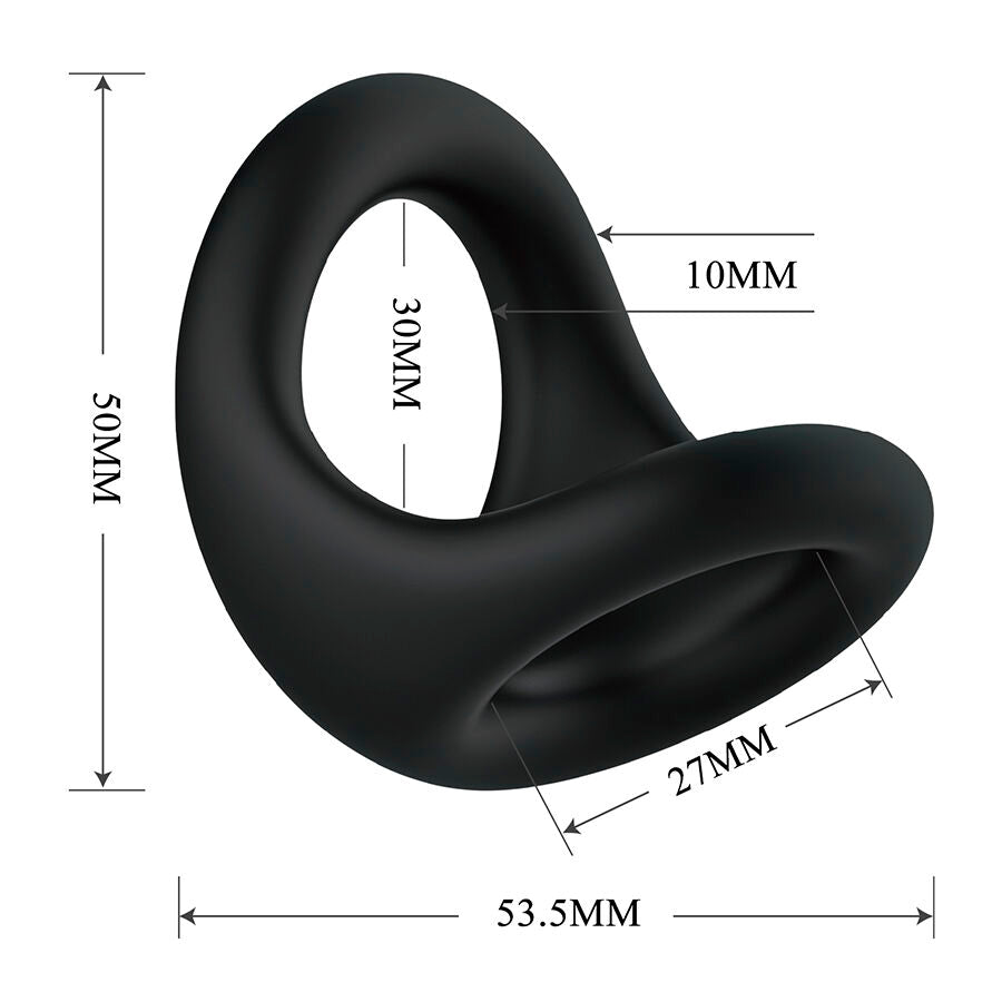 Schema technique du cockring Nestor avec cotes : hauteur 50 mm, largeur 53,5 mm, anneau interne 30 mm, ouverture 10 mm et epaisseur 27 mm, silicone souple.