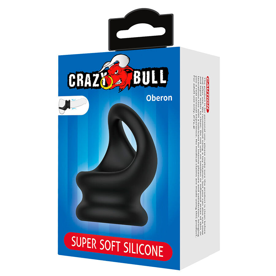 Boite Crazy Bull Oberon super soft silicone presentant l'anneau penien noir a gaine evasee, packaging bleu sans visuel anatomique ni scene suggestive.