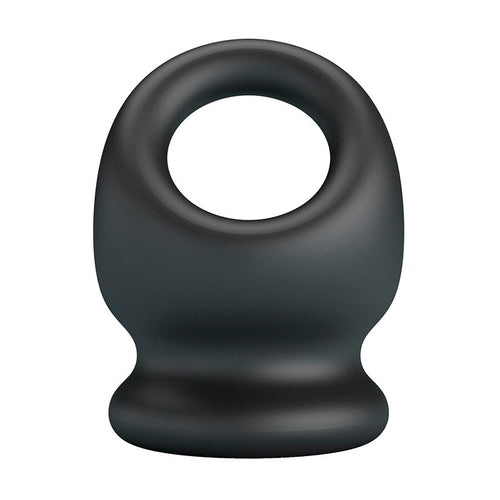 Cockring Oberon silicone noir vu de face, anneau superieur ouvert sur une base cylindrique evasee, fini mat lisse souple et extensible pour le maintien.