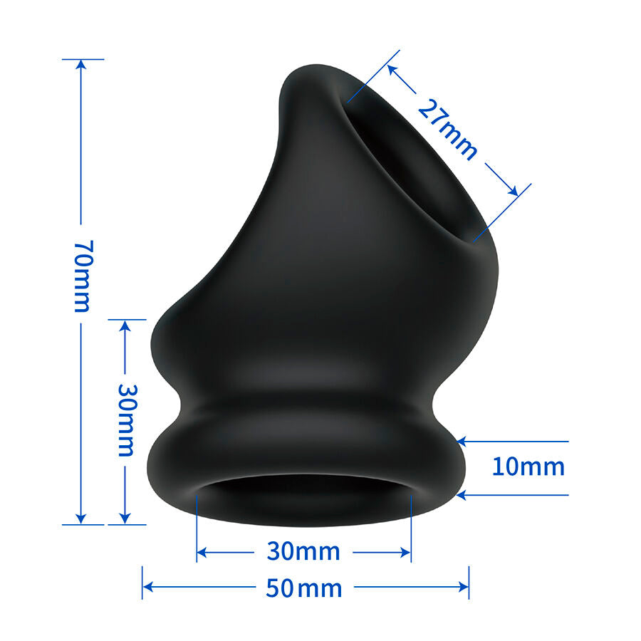 Schema cote du cockring Oberon avec dimensions : hauteur 70 mm, base 50 mm, anneau 30 mm, ouverture 10 mm et inclinaison 27 mm, silicone super soft souple.