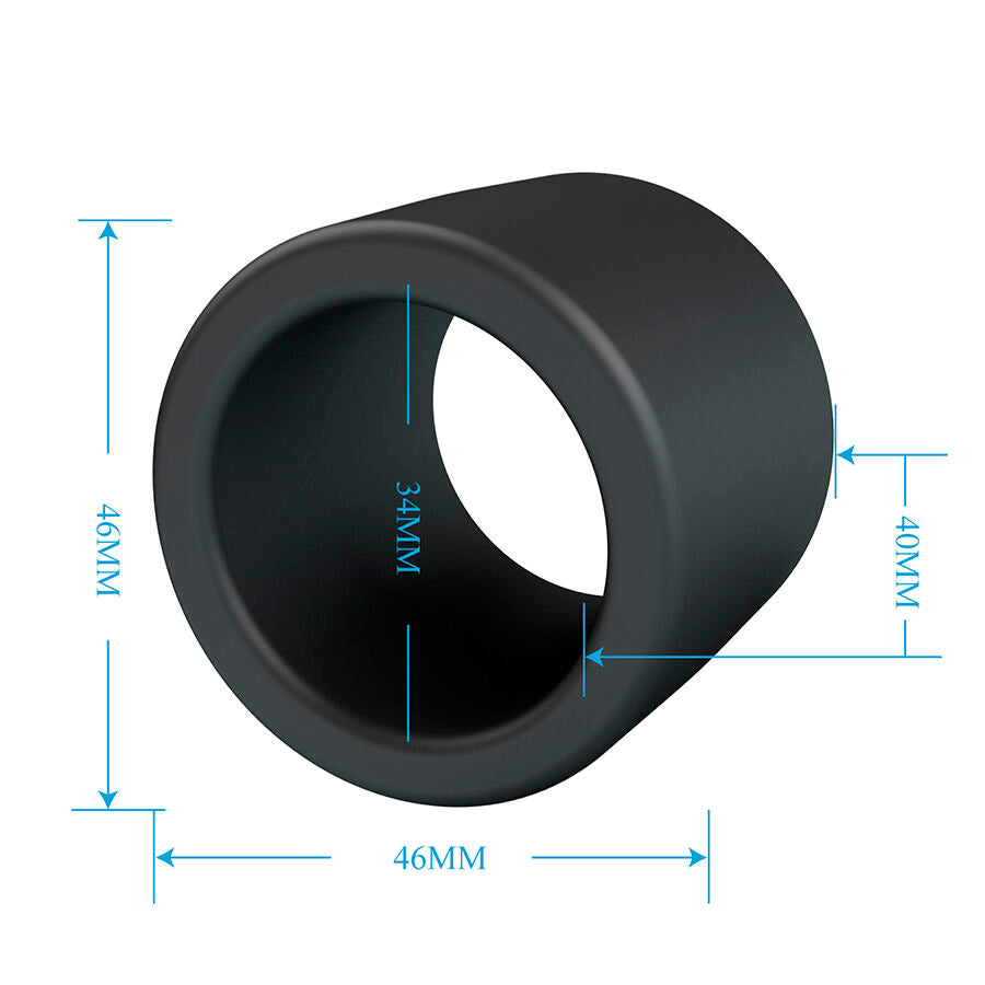 Schema technique de la gaine Viggo avec cotes : hauteur 46 mm, diametre externe 46 mm, canal interne 34 mm et epaisseur 40 mm, silicone liquide souple.