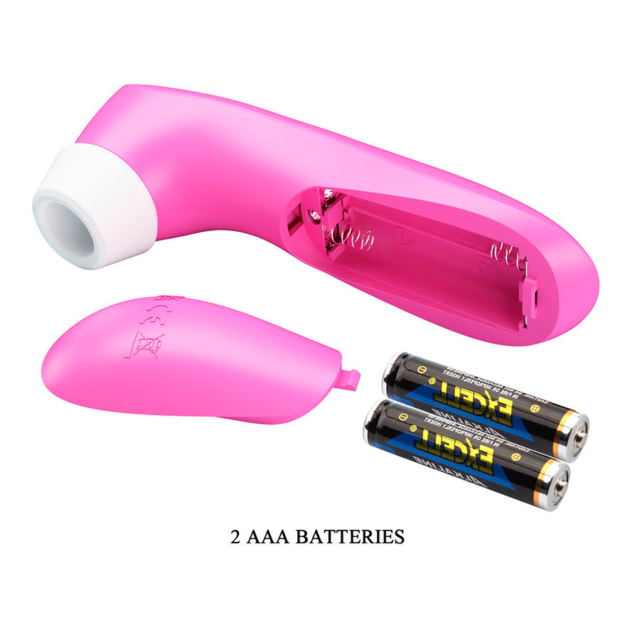 Stimulateur clitoridien rose ouvert revelant le compartiment a piles et le capuchon detache, accompagne des deux piles AAA fournies pour l'aspiration en silicone.