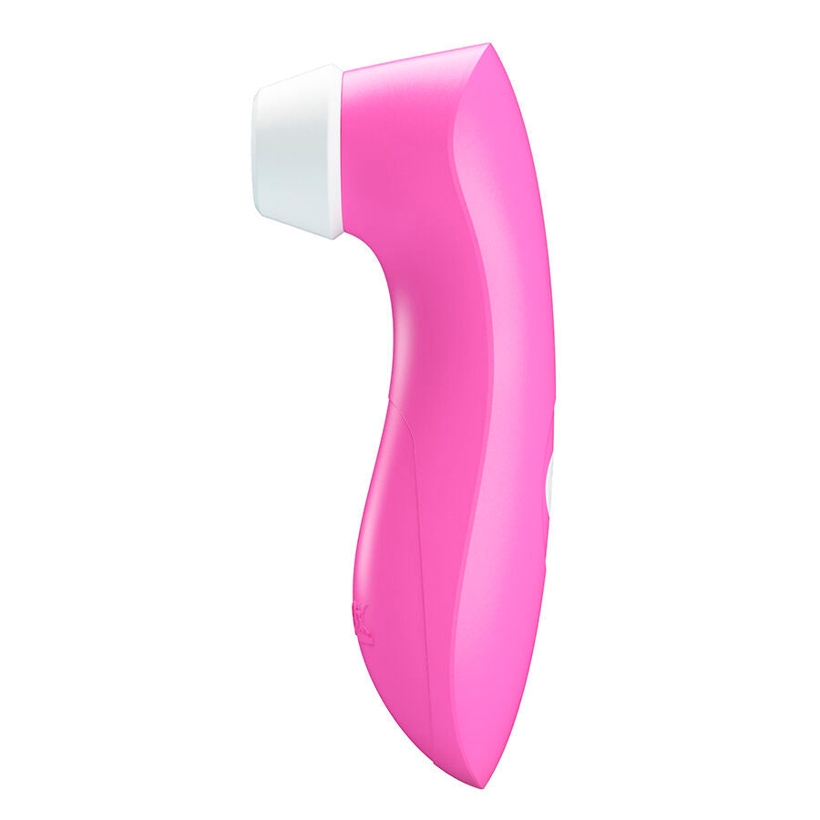 Stimulateur clitoridien a succion rose vu de profil, embout d'aspiration souple en silicone et corps ergonomique compact, technologie de pulsation sans contact ultra-legere.