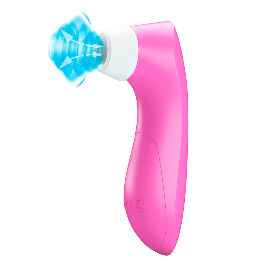 Stimulateur clitoridien rose avec ondes d'aspiration bleues illustrees a l'embout, demontrant la succion sans contact en silicone, corps incurve ergonomique et silencieux.