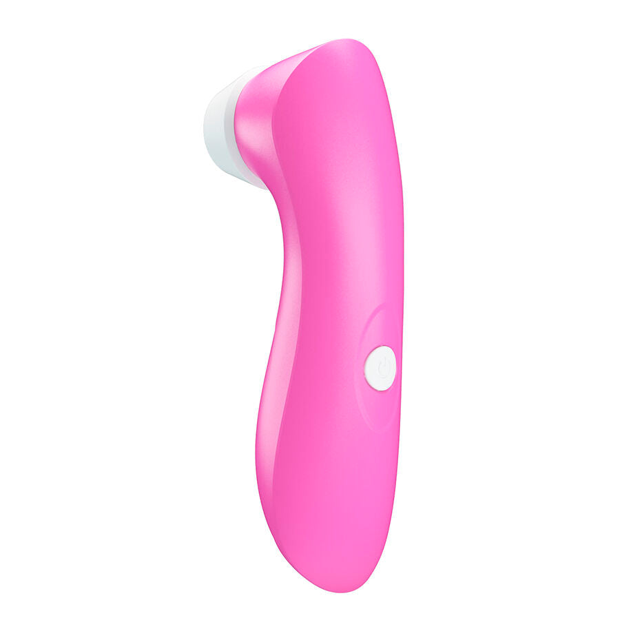 Vue de profil du stimulateur clitoridien a succion rose avec son bouton de commande lateral, chambre d'aspiration en silicone et design incurve silencieux a 8 niveaux.