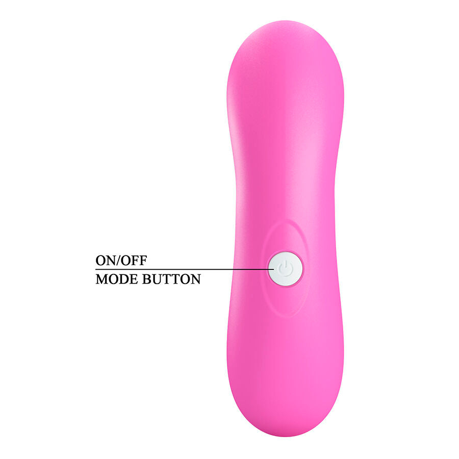 Face avant du stimulateur clitoridien rose avec bouton on/off et selecteur de mode central, corps lisse en silicone aux 8 niveaux d'intensite de pulsation.