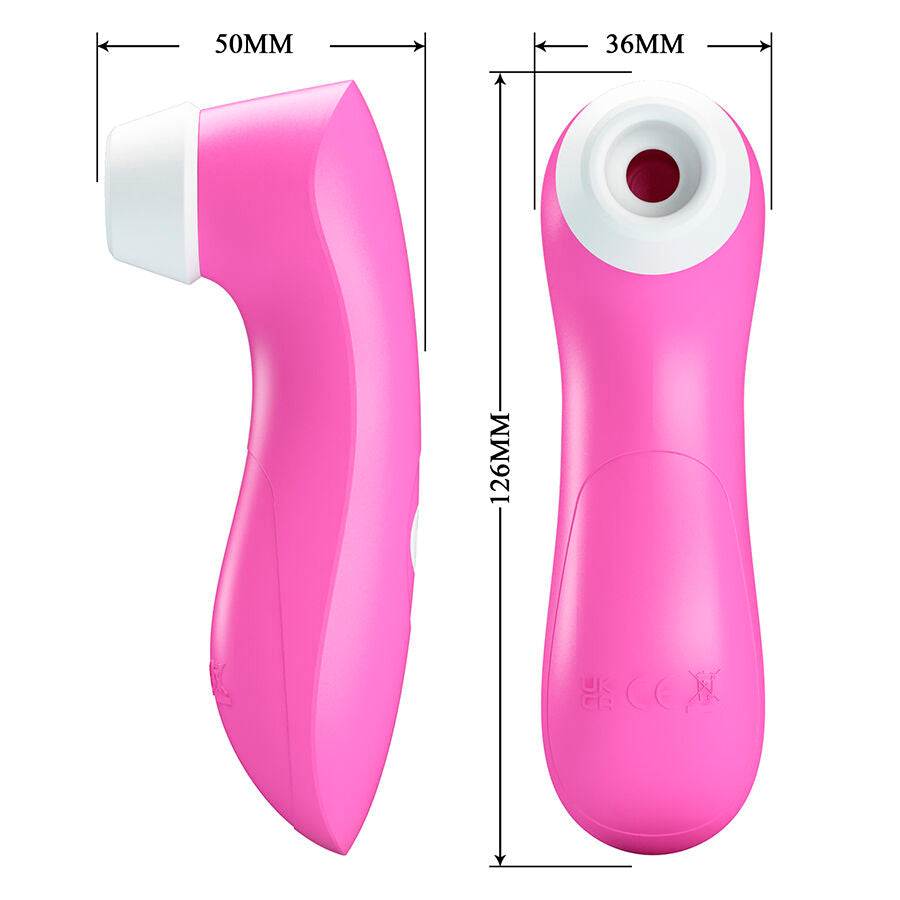 Schema technique du stimulateur clitoridien rose avec dimensions cotees 50 mm de large, 36 mm d'embout et 126 mm de hauteur, en silicone aspiration sans contact.