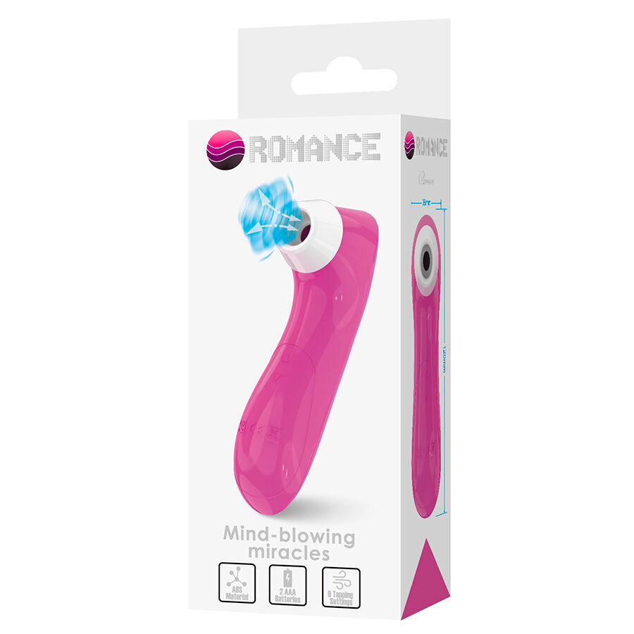 Boite Romance Mind-blowing miracles du stimulateur clitoridien rose a succion, packaging illustrant l'embout d'aspiration et les pictogrammes de fonctions en silicone.
