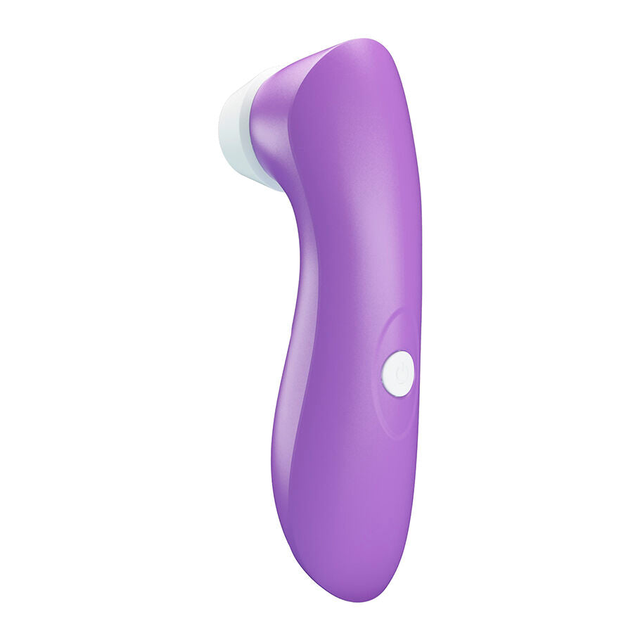 Profil du stimulateur clitoridien violet avec bouton de commande lateral, chambre de succion en silicone et corps incurve silencieux aux multiples niveaux de pulsation.