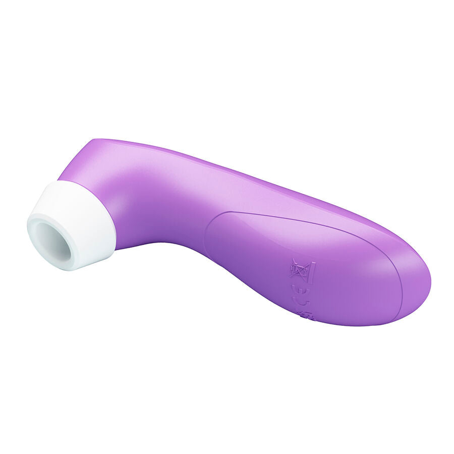 Stimulateur clitoridien violet vu en plongee, embout d'aspiration blanc en silicone et corps galbe ergonomique, technologie de pulsation sans contact ultra-legere.