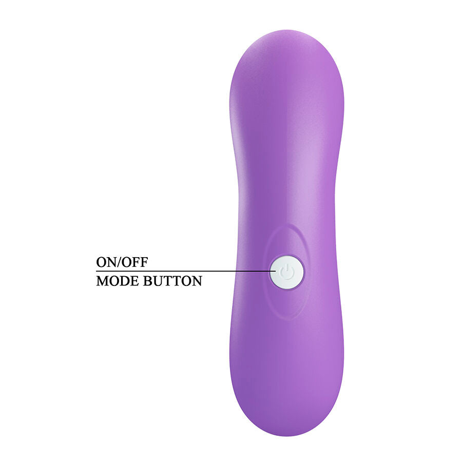 Face avant du stimulateur clitoridien violet avec bouton on/off et selecteur de mode central, corps lisse en silicone aux niveaux d'intensite de pulsation reglables.