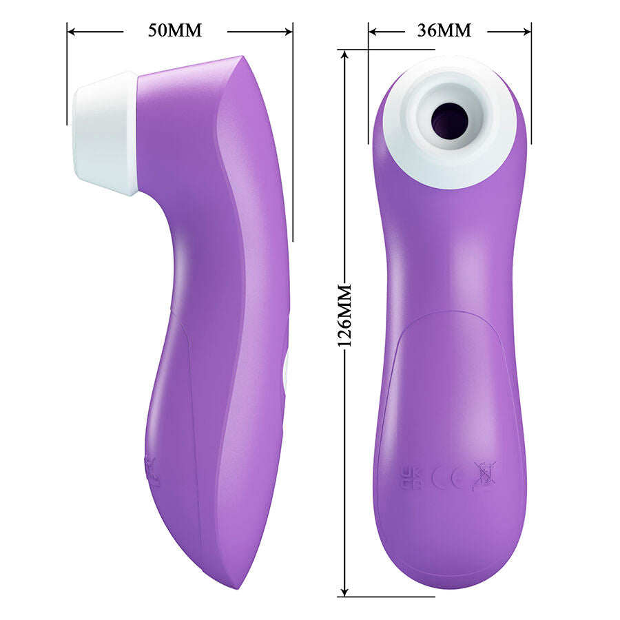 Schema technique du stimulateur clitoridien violet cote a 50 mm de large, 36 mm d'embout et 126 mm de hauteur, aspiration sans contact en silicone ultra-legere.