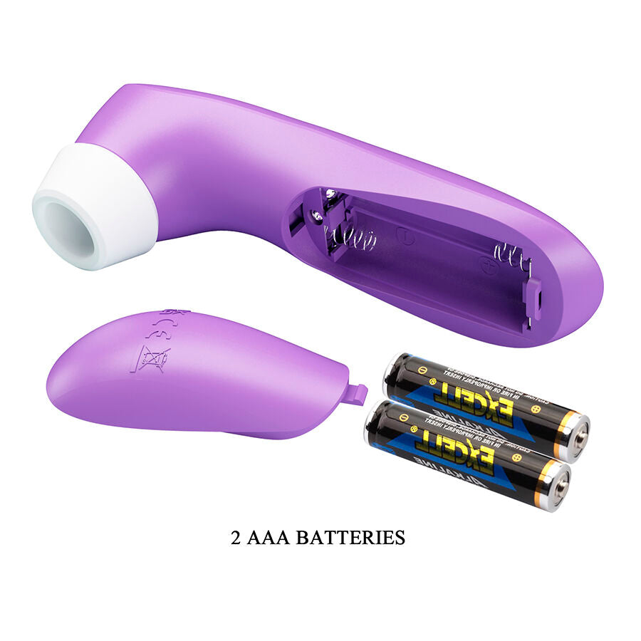Stimulateur clitoridien violet ouvert montrant le compartiment a piles et le capuchon detache, avec les deux piles AAA fournies pour l'aspiration sans contact en silicone.
