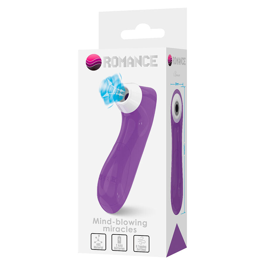 Boite Romance Mind-blowing miracles du stimulateur clitoridien violet a succion, packaging illustrant l'embout d'aspiration bleu et les pictogrammes de fonctions en silicone.