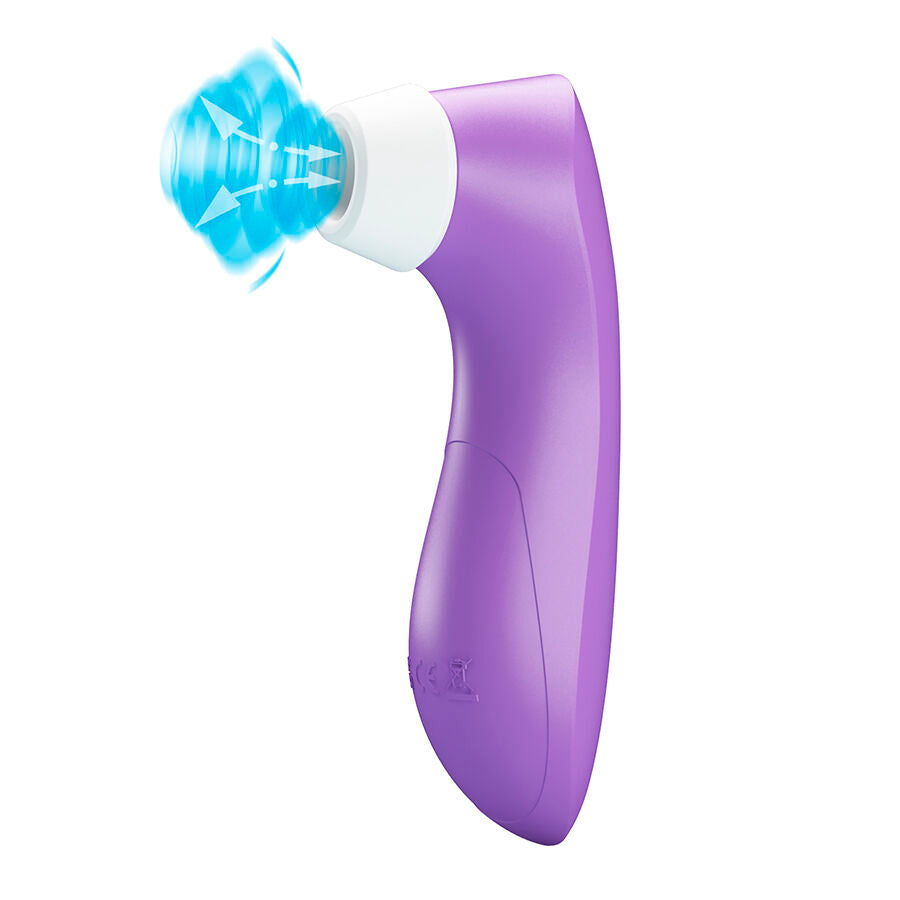 Stimulateur clitoridien violet avec ondes d'aspiration bleues a l'embout illustrant la succion sans contact en silicone, corps incurve leger et fonctionnement silencieux.