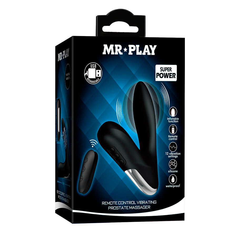 Boite Mr Play Super Power du masseur de prostate gonflable, packaging bleu mettant en avant la telecommande sans fil et les 12 modes de vibration pour la stimulation prostatique