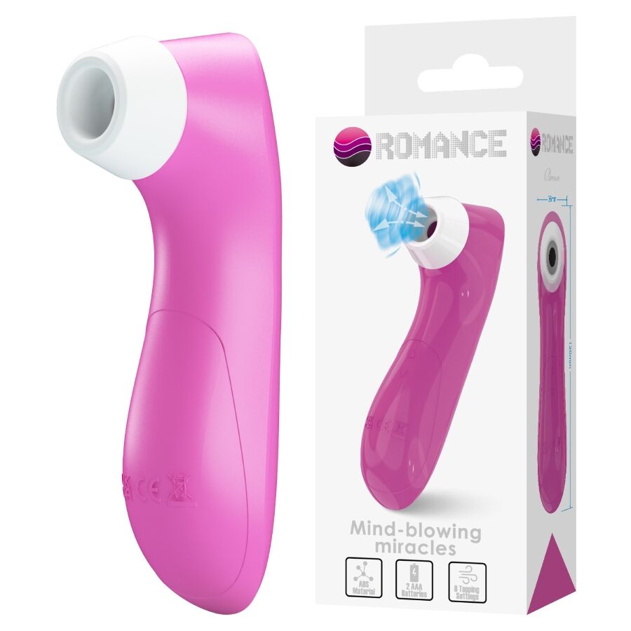 Stimulateur clitoridien a succion rose magenta presenté a coté de sa boite Romance, embout d'aspiration blanc et corps galbe en silicone, 8 niveaux et pulsation