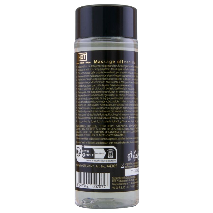 Dos du flacon huile de massage Vanilla HOT, notice et code-barres sur etiquette sombre, format 100 ml, bouchon noir, prise de vue verticale rapprochee.