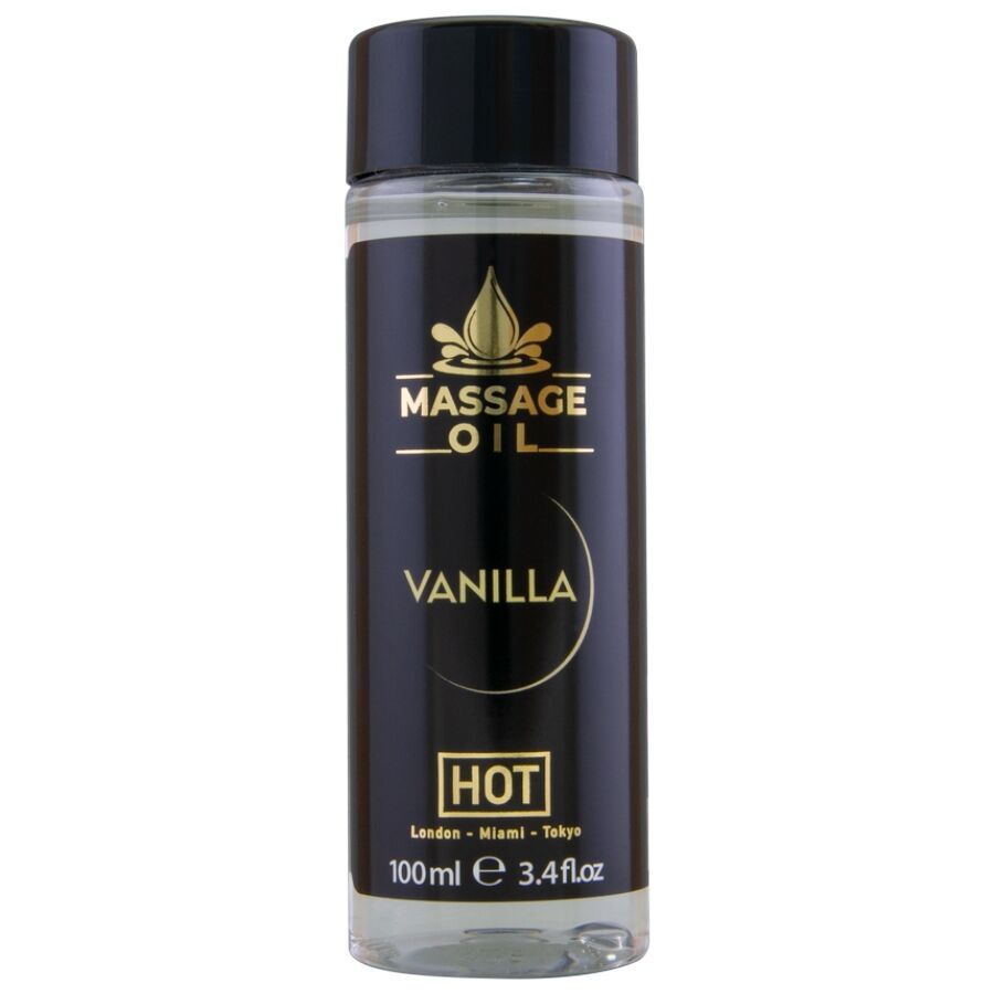 Flacon noir de l'huile de massage Vanilla HOT enrichie vitamine E, format 100 ml, etiquette doree, parfum vanille chaleureux, vue de face sur fond blanc.