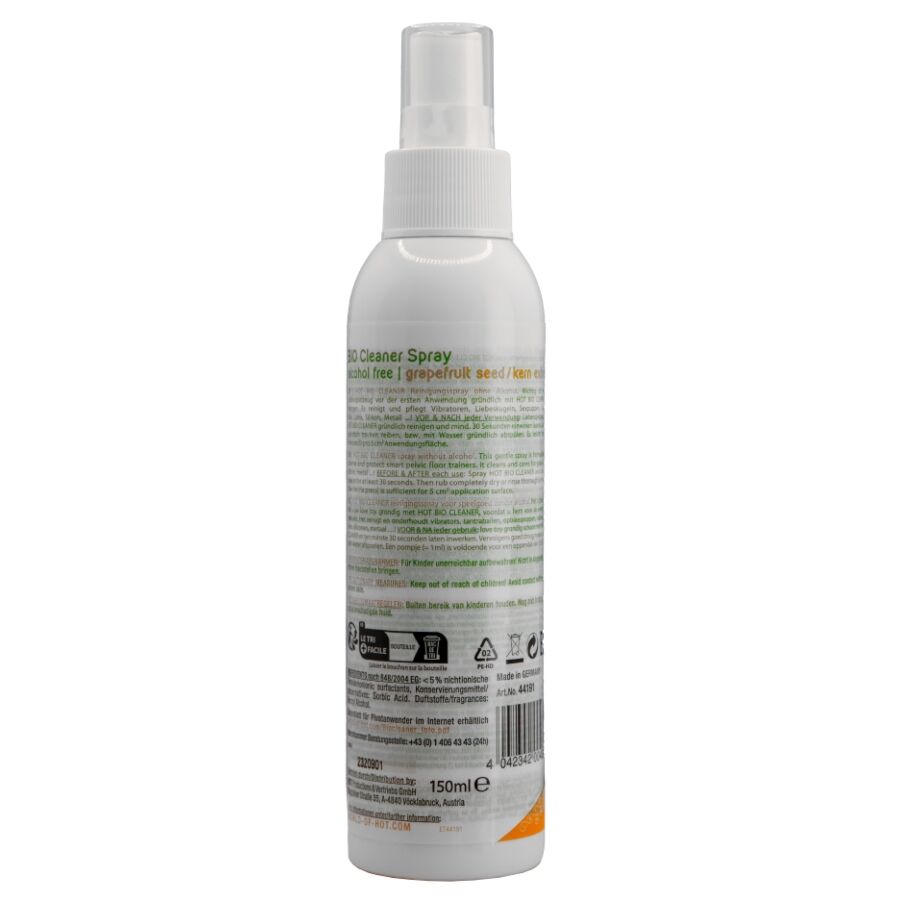 Dos du flacon spray Bio Cleaner 150 ml, etiquette claire avec notice et pictogrammes, nettoyant sextoys vegan a la formule biodegradable.