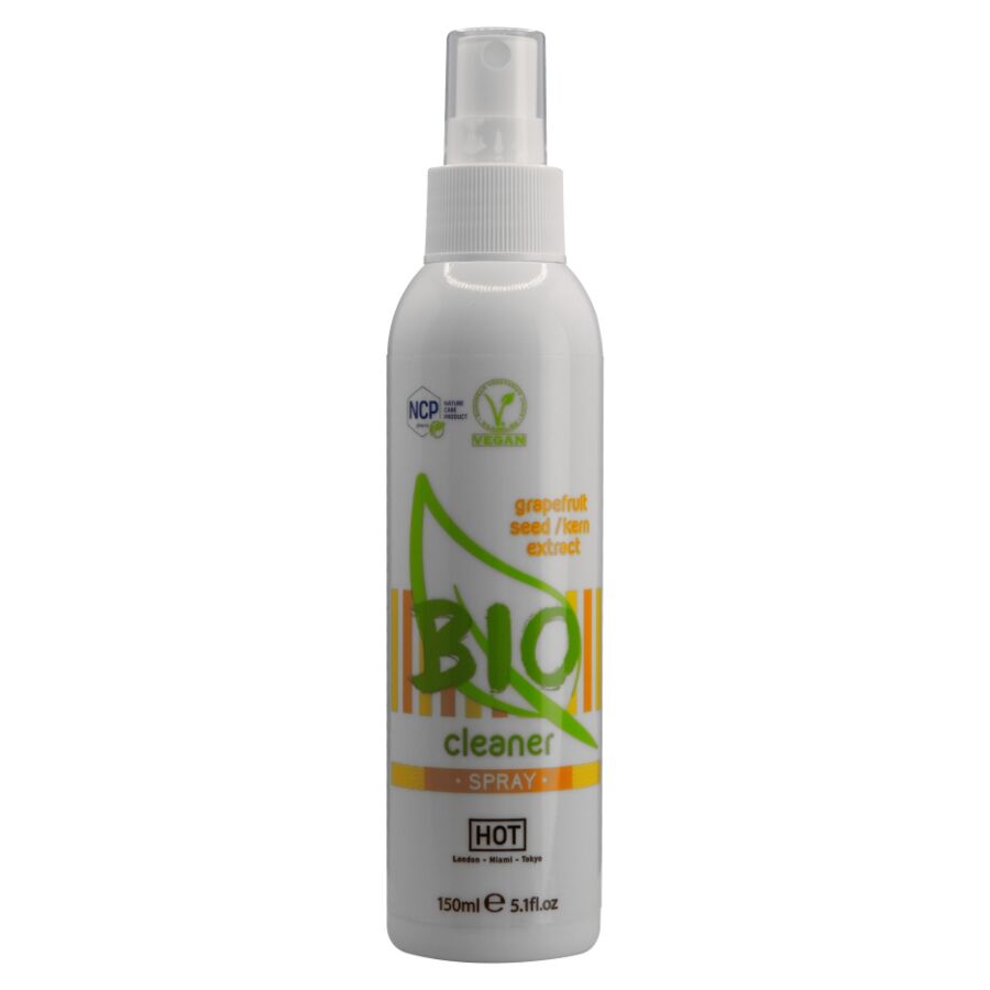 Grand flacon spray Bio Cleaner HOT 150 ml de face, pompe et logo vert, nettoyant sextoys biodegradable compatible silicone verre et latex.